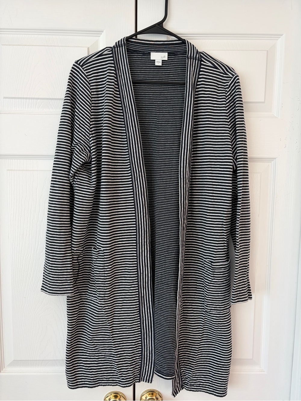 NWOT J.Jill Black Striped Open Front Pocketed Cotton Cardigan Sweater Size L